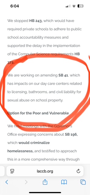 Louisiana Conference of Catholic Bishops legislative update showing opposition to Charlie's Law